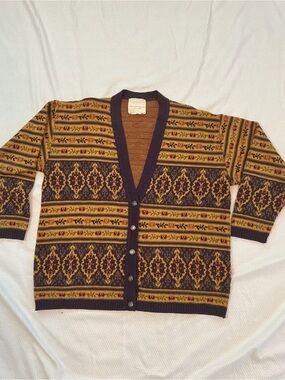 Men's Patterned Mustard and Navy Button-Front Cardigan
